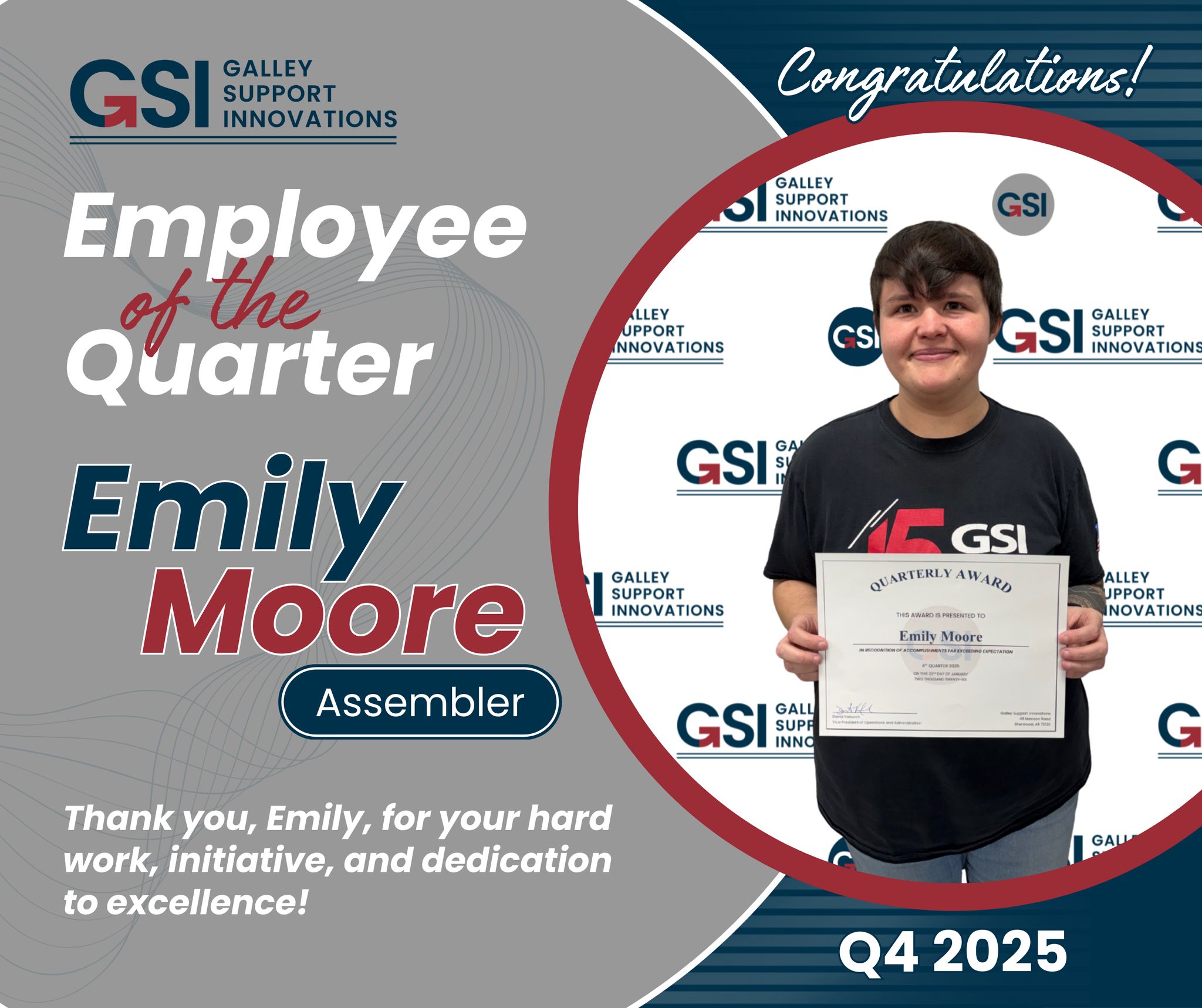 Employee of the Quarter Emily Moore, assembler at GSI, holds a certificate and smiles in front of a GSI-branded backdrop. The image expresses congratulations and appreciation for her dedication.