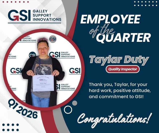 A woman holding a certificate stands in front of a GSI banner. The image reads Employee of the Quarter: Taylar Duty, Quality Inspector and congratulates her for her hard work, positive attitude, and commitment.