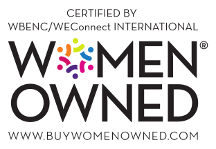 Certified by WBENC/WEConnect International, the Women Owned logo featuring a colorful circular icon in the letter O, with the website buywomenowned.com at the bottom.
